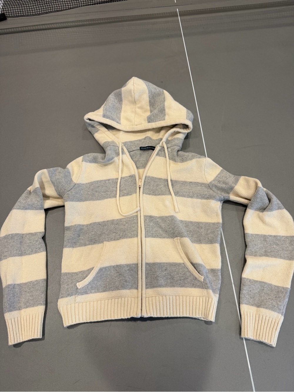 Brandy Melville Cream and Light Gray Striped Zip-Up Hoodie